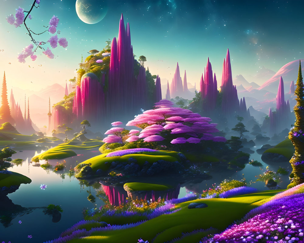 Vibrant Pink Vegetation in Fantasy Landscape with Floating Mountains
