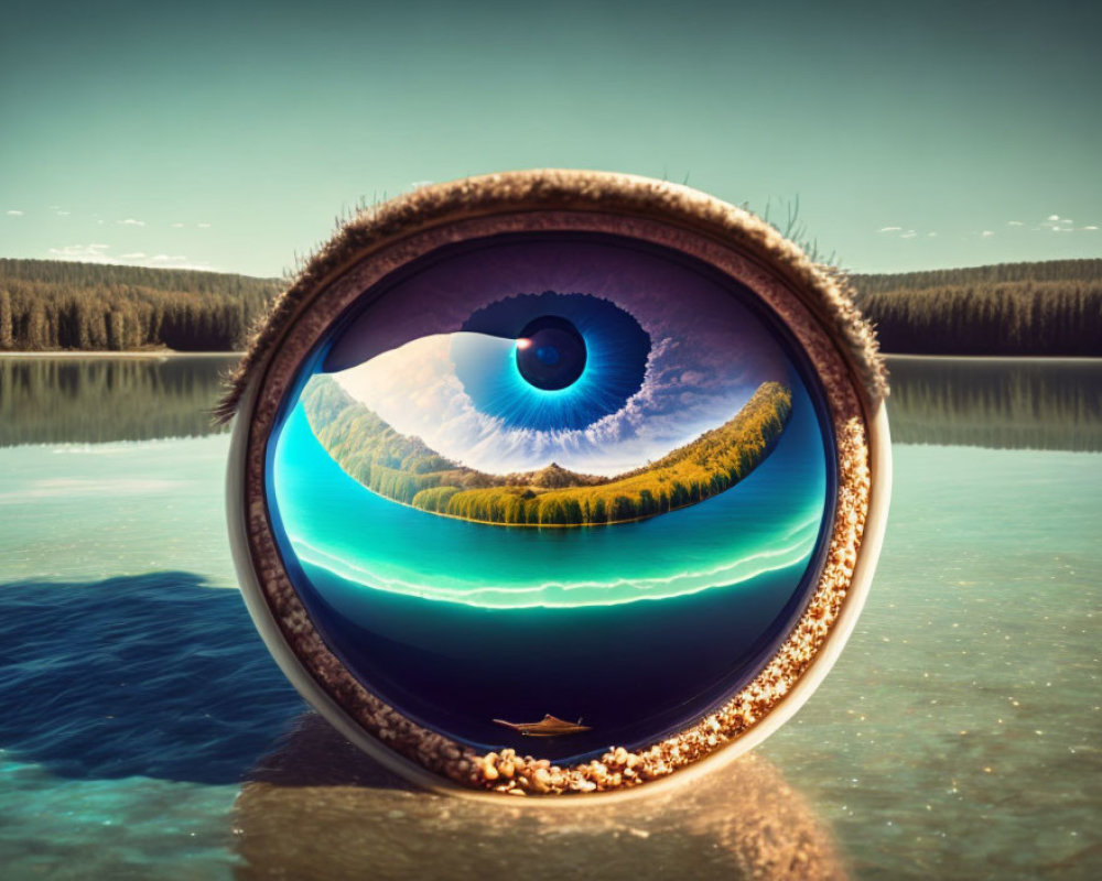 Surreal image: Giant eye reflecting serene landscape with forest, mountain, lake.