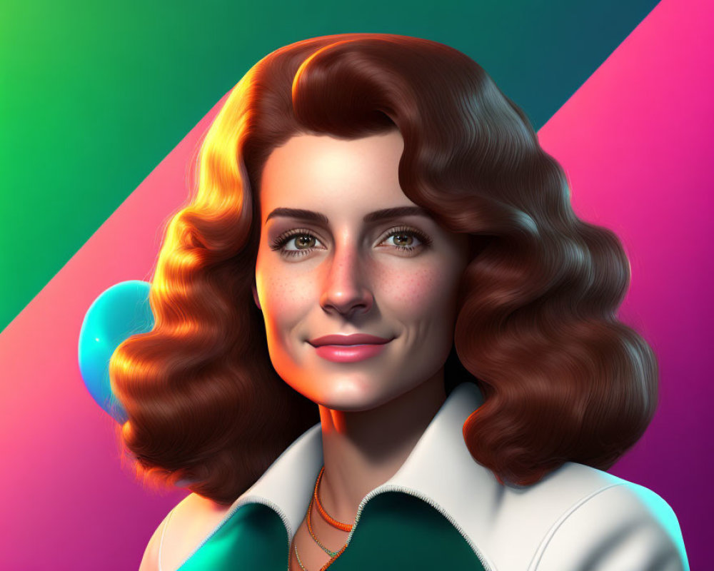 Smiling woman with wavy hair on vibrant geometric background