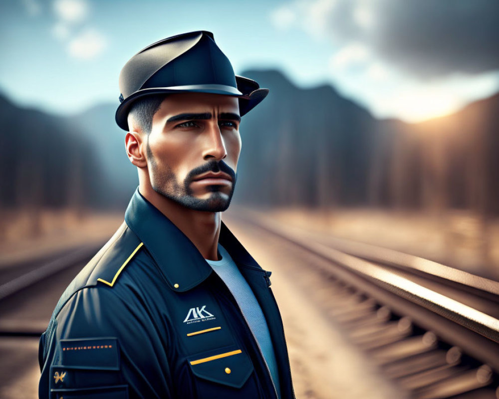 Digital artwork: Man in blue uniform and cap by railroad tracks at sunset
