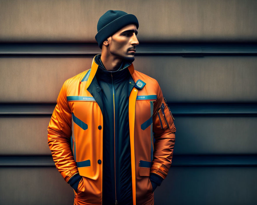 Confident man in orange jacket and beanie against metal wall