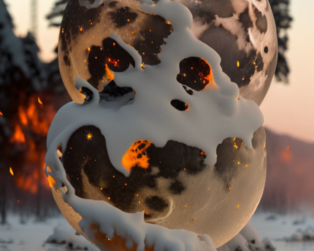 Winter landscape with celestial snow-covered planets in sunset glow