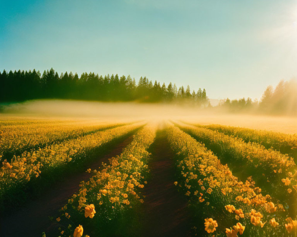 Scenic countryside with yellow flower field, forest path, and sun rays
