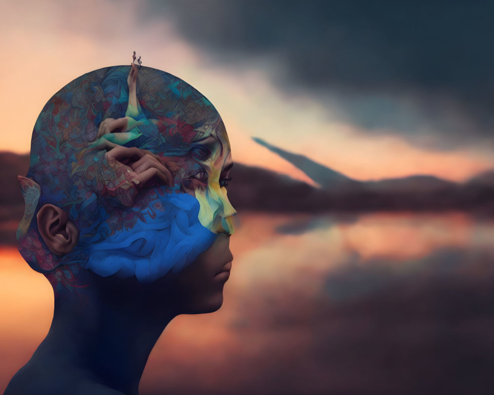 Profile view digital artwork: colorful brain, miniature figure, bird in twilight sky