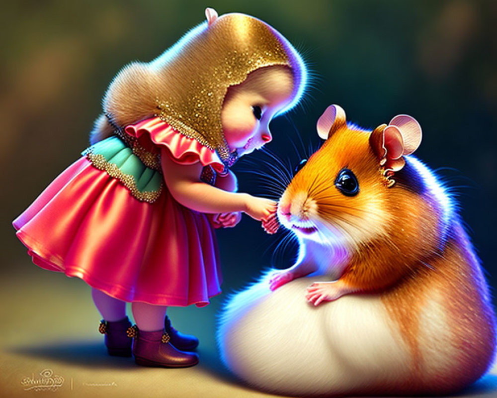 Illustration of toddler-sized girl and giant hamster in mystical forest