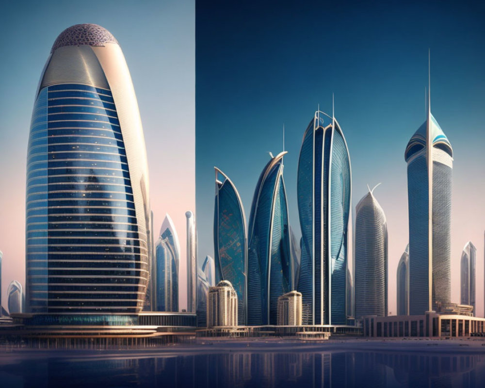 Distinctive modern skyscrapers reflected in water against clear sky