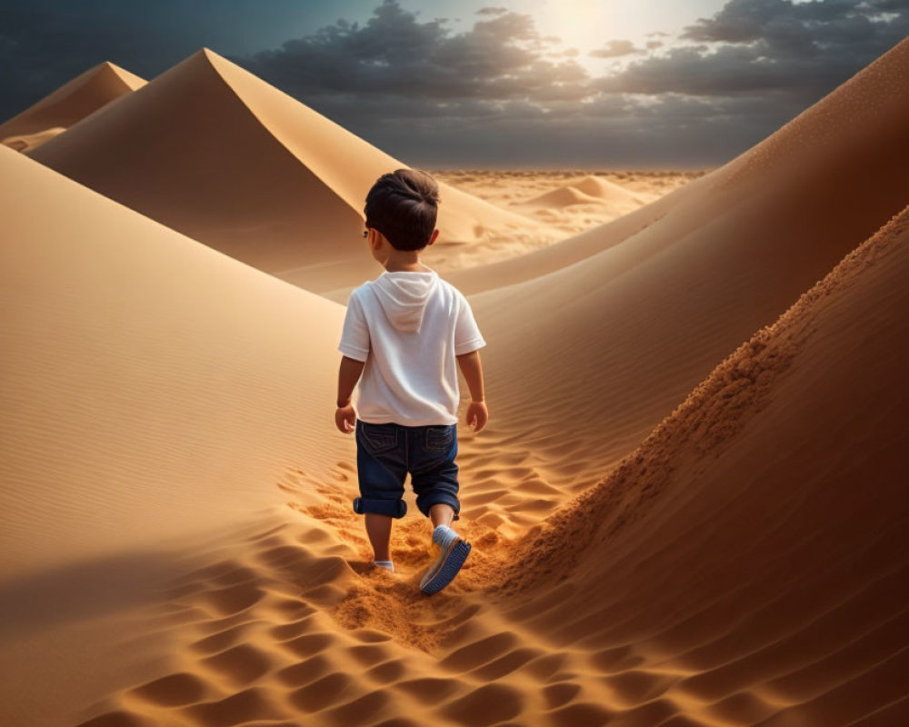 Young Child Walking Alone on Desert Dune Under Dramatic Sky