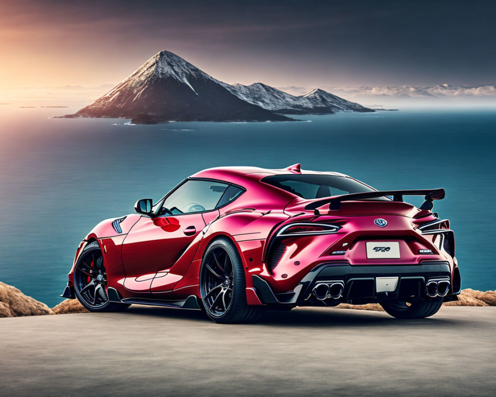 Red sports car with racing decals on coastal road at sunset with mountain and ocean backdrop