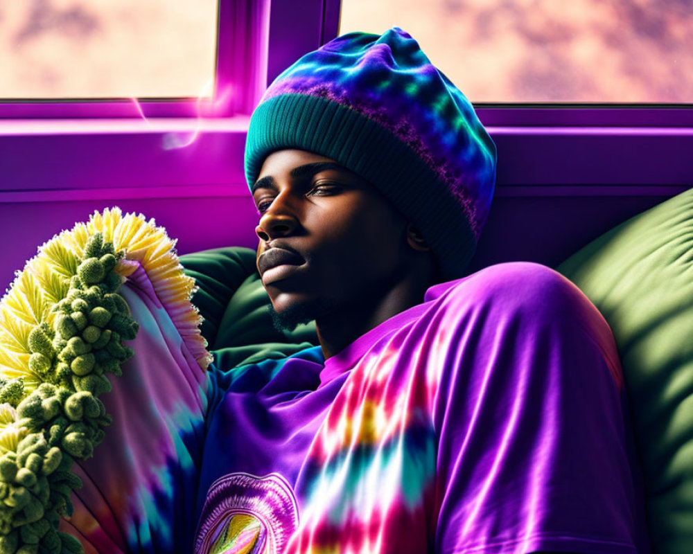 Man in Colorful Outfit Holding Sunflowers Resting Against Purple Window