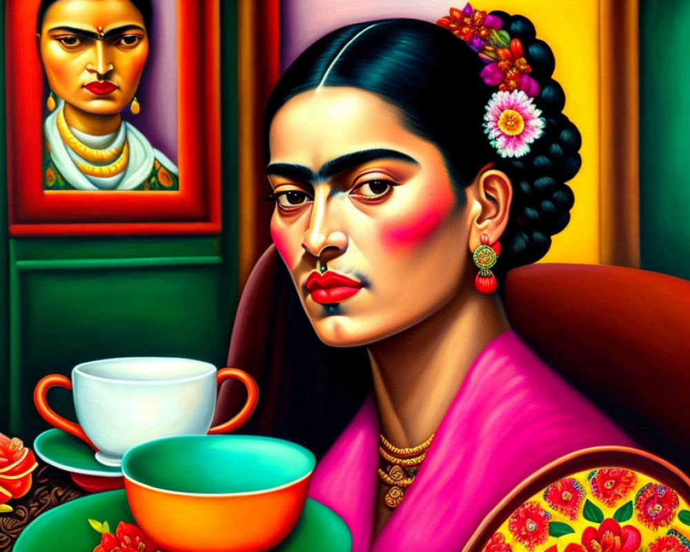 Vibrant portrait of woman with unibrow, flowers, cup, saucer, and framed