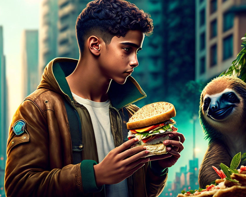 Curly-haired man with burger and sloth in cityscape illustration