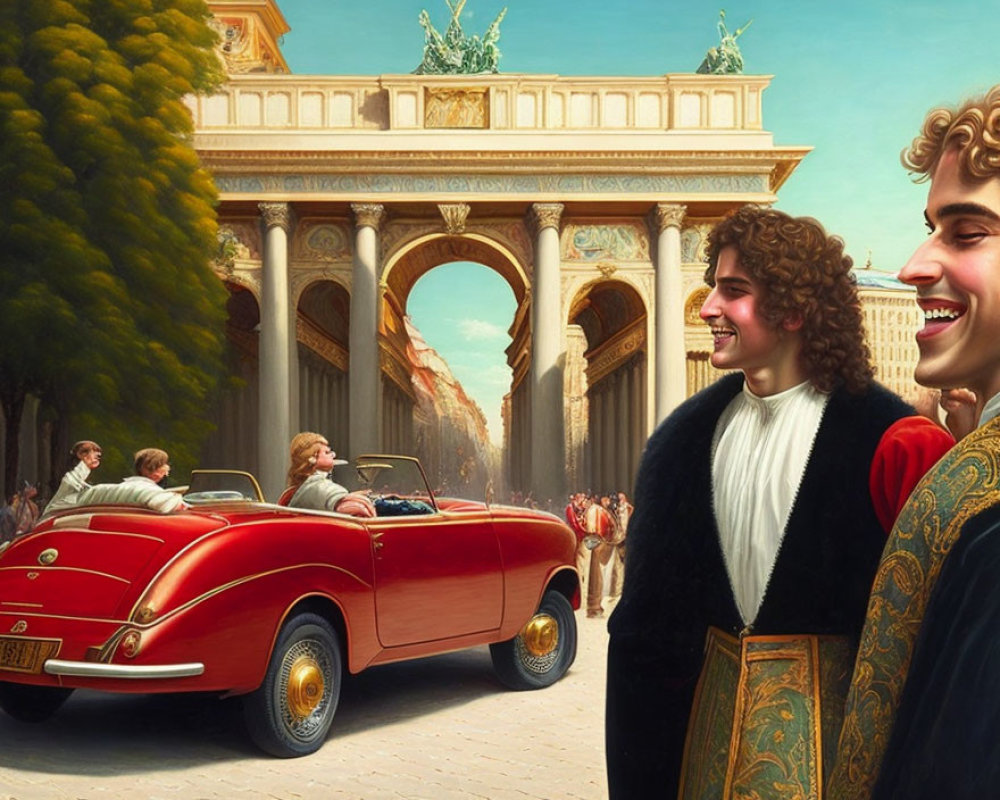 Vintage Red Convertible Car Passing Ornate Archway with Elegantly Dressed Passengers Smiling