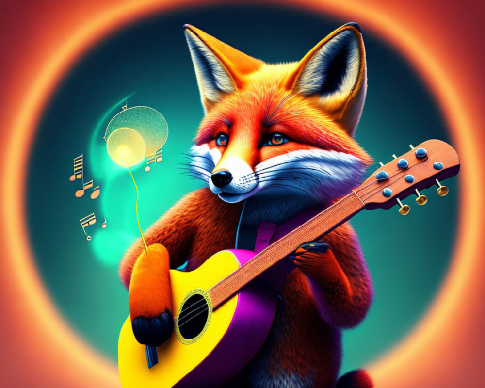 Fox playing guitar with musical notes and halo glow