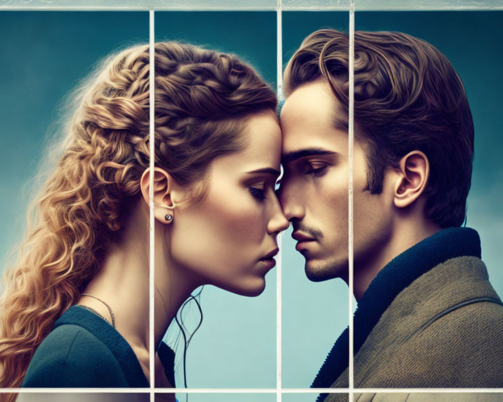 Stylized man and woman facing each other on teal background