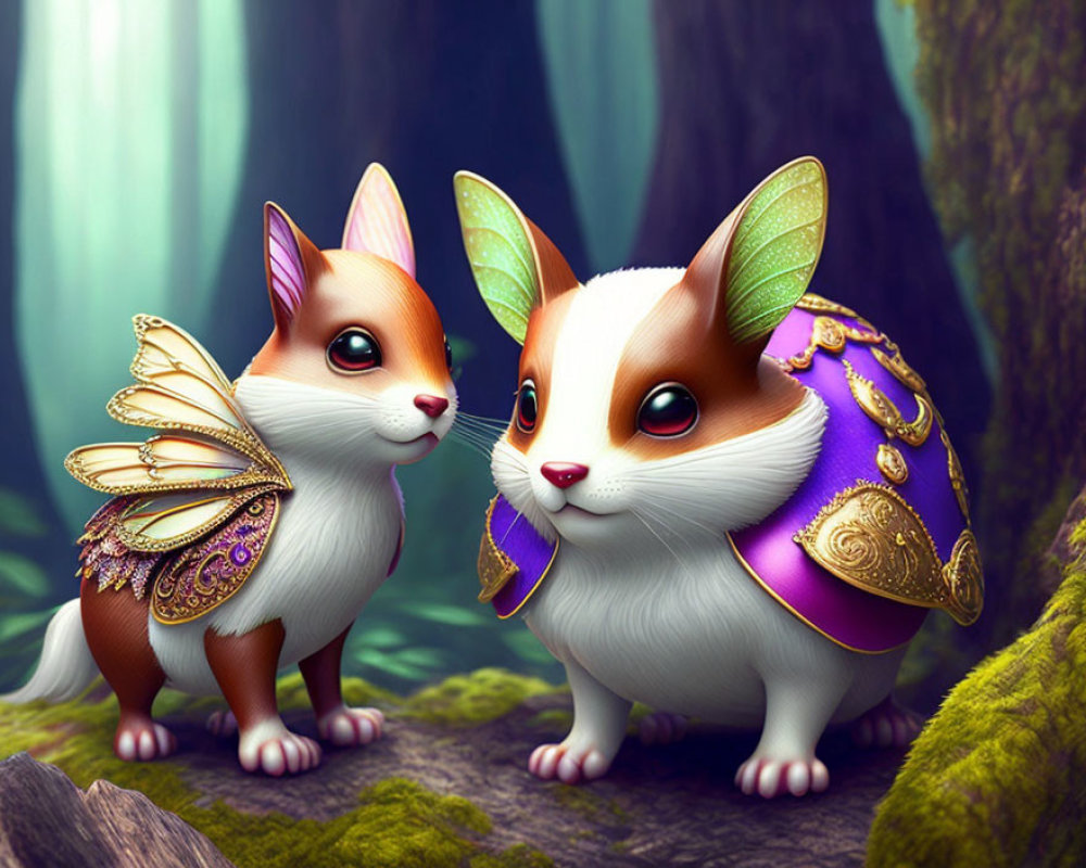 Fantastical creatures with rabbit-like features in whimsical forest