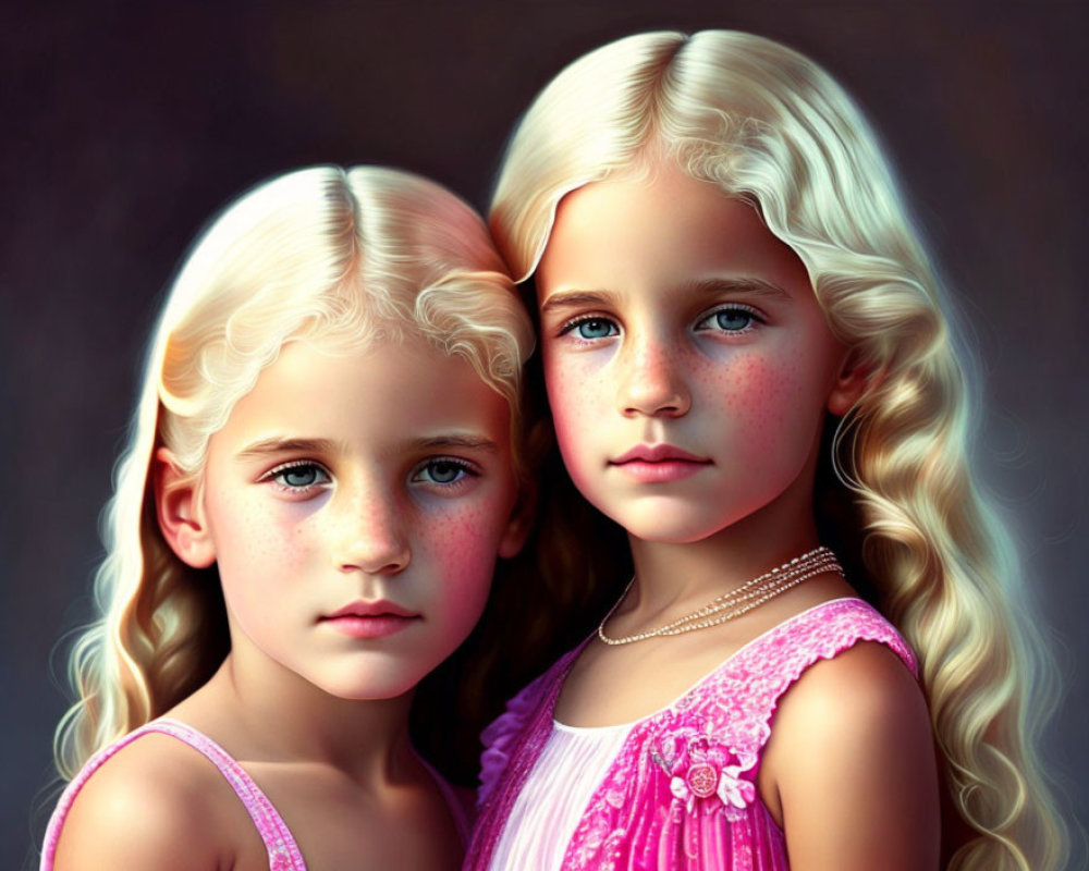 Blond Curly Haired Girls in Pink and Purple Dresses