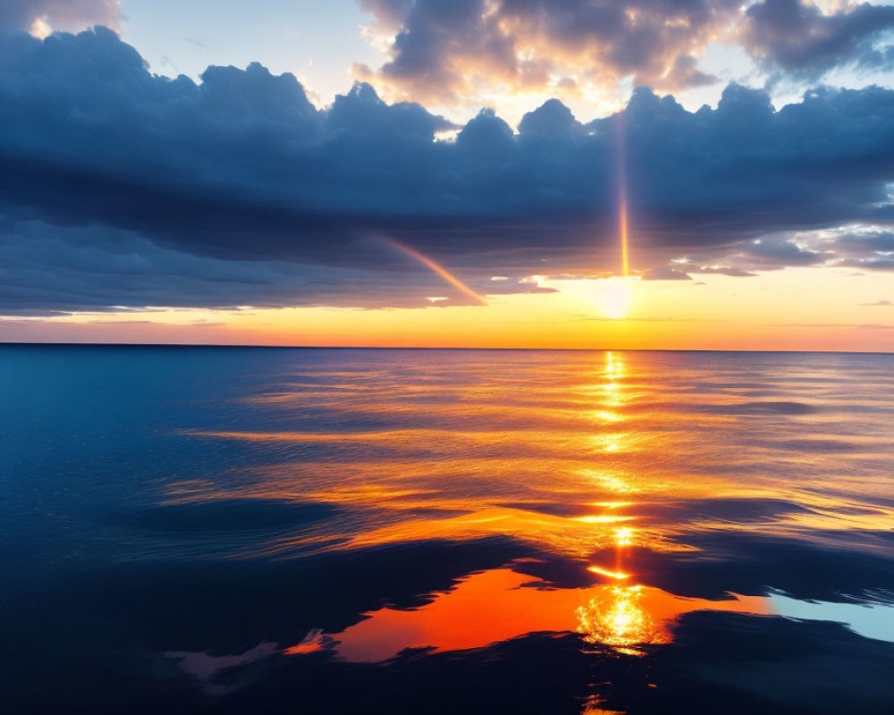 Tranquil ocean sunset with vivid orange reflections and dramatic clouds