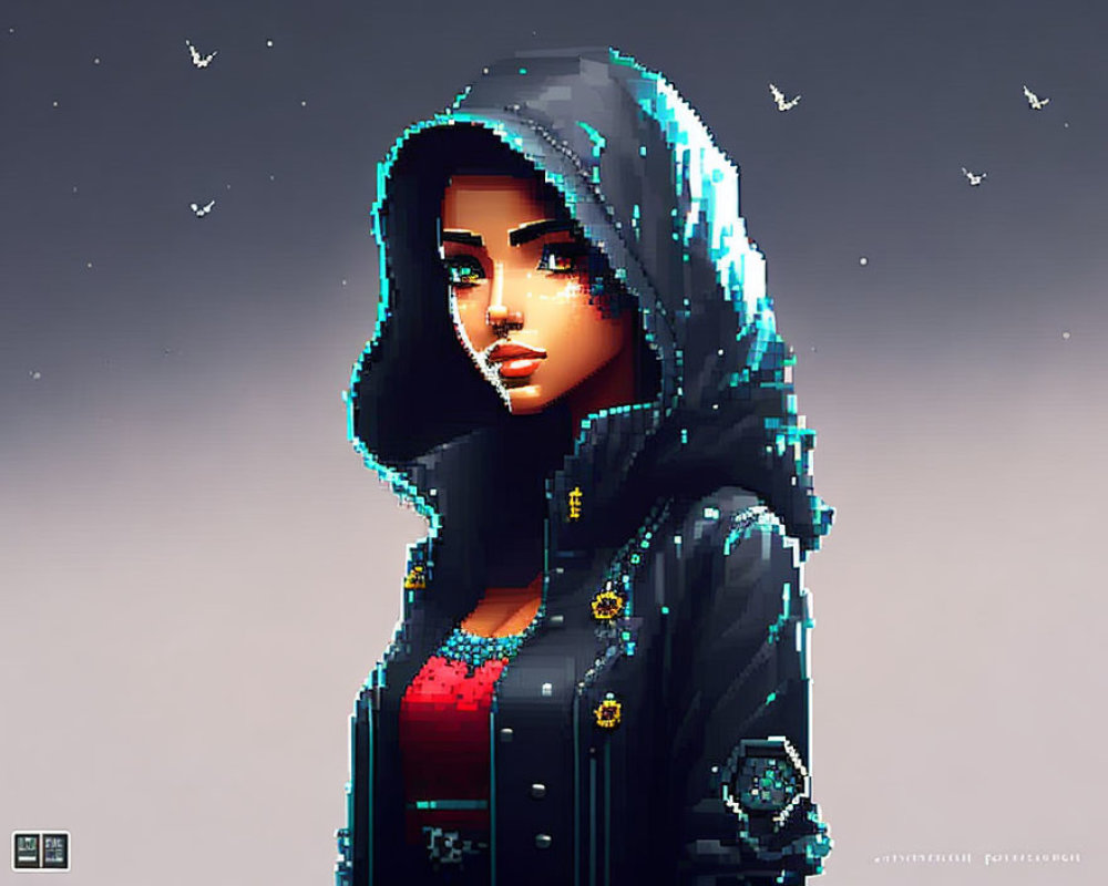 Detailed Pixel Art Portrait of Woman in Hooded Jacket with Flying Birds
