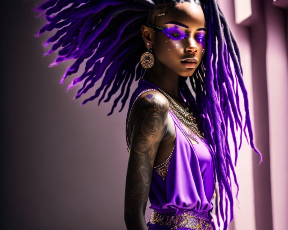 Woman with Long Purple Dreadlocks in Matching Dress with Golden Accents