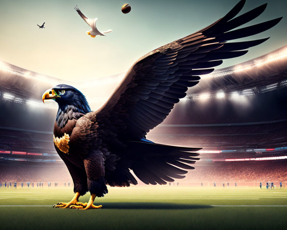 Eagle on Football Field with Stadium Lights