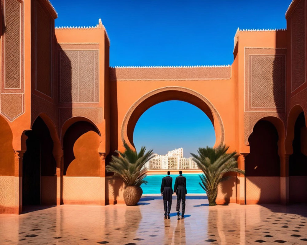Two people walking to ornate archway by calm blue waterfront