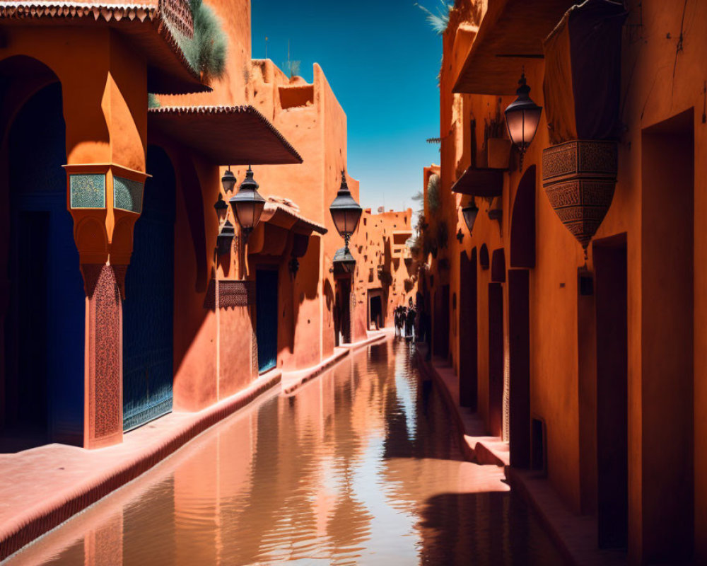 Traditional Terracotta Buildings in Narrow Alley with Hanging Lanterns