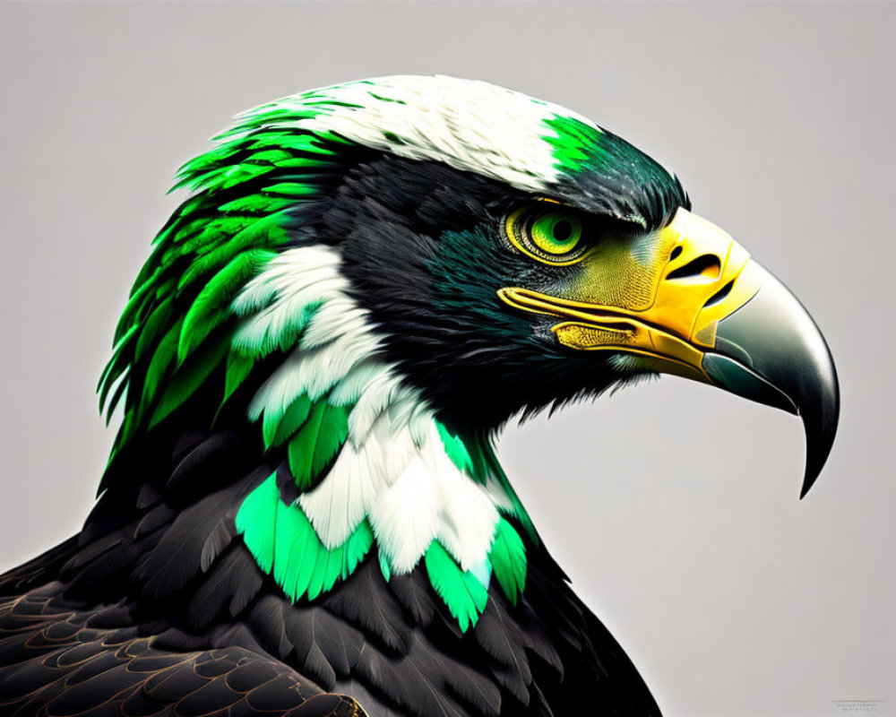 Stylized eagle with black and white feathers and green accents on grey background