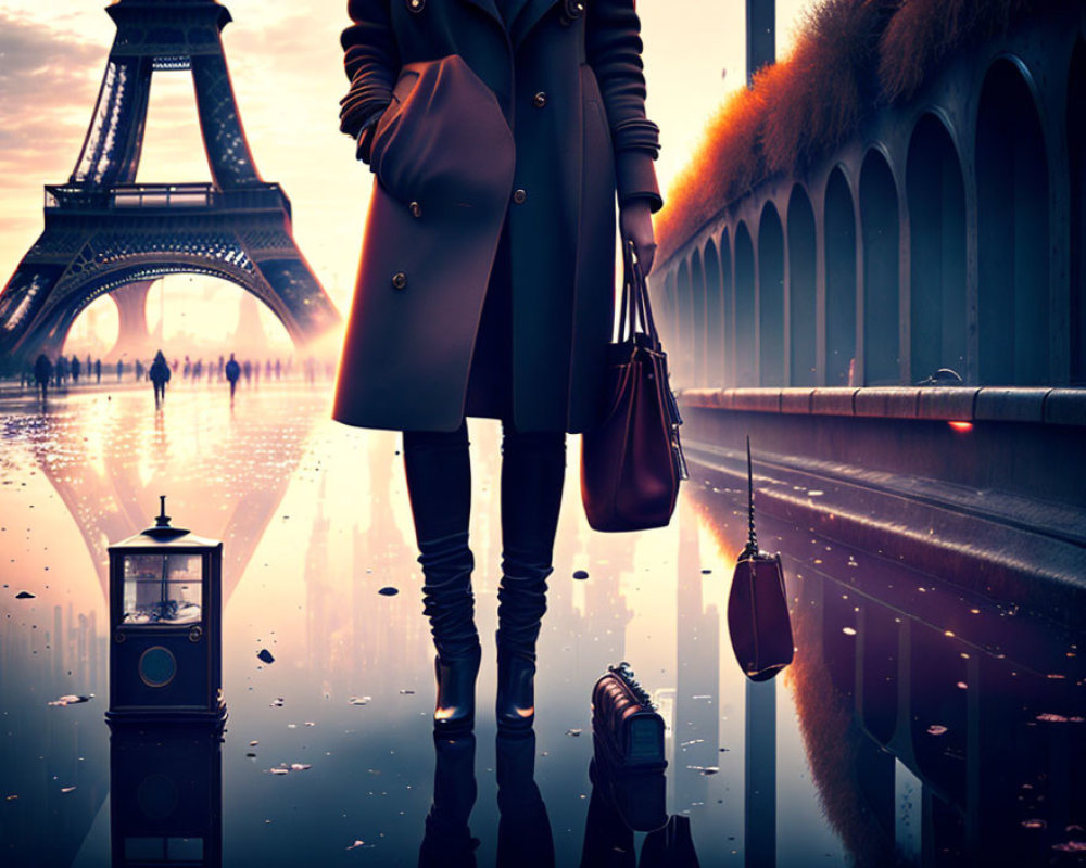Person in coat by water puddle near Eiffel Tower at sunset with reflections and vintage lantern.