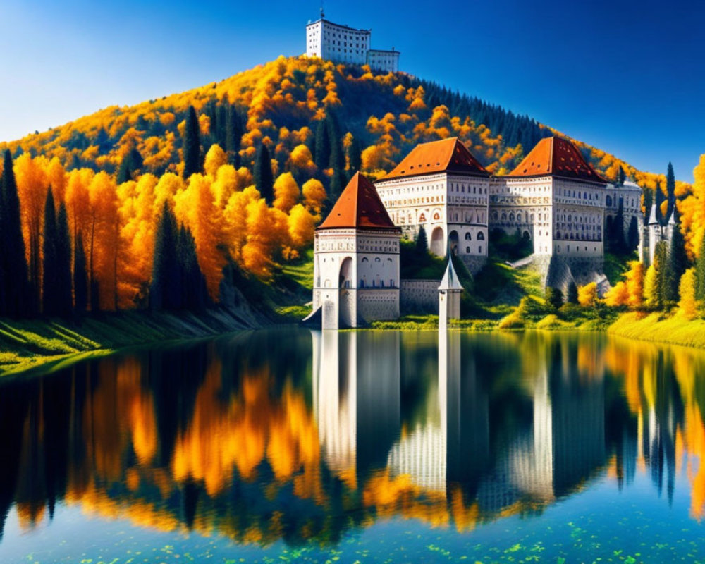 Castle on Hill Surrounded by Autumn Forest and Lake Reflection