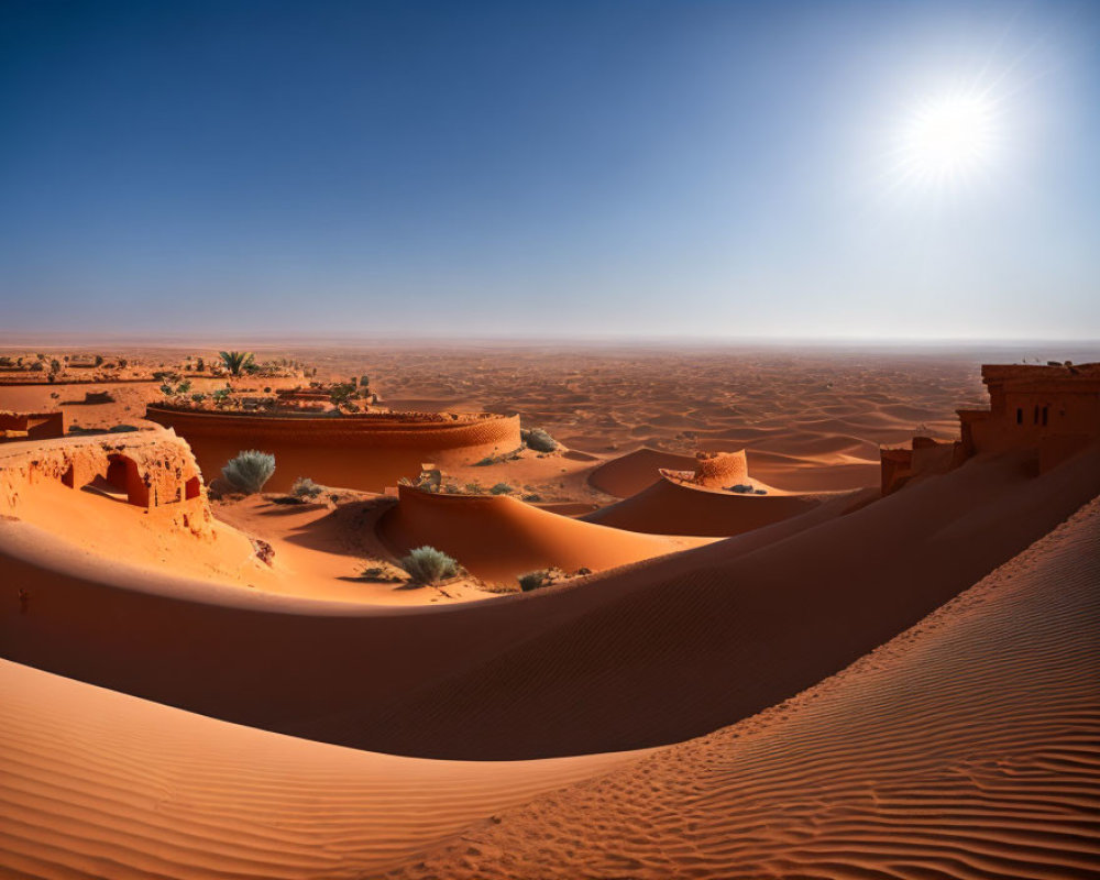 Desert landscape with sand dunes, ancient ruins, and sparse vegetation