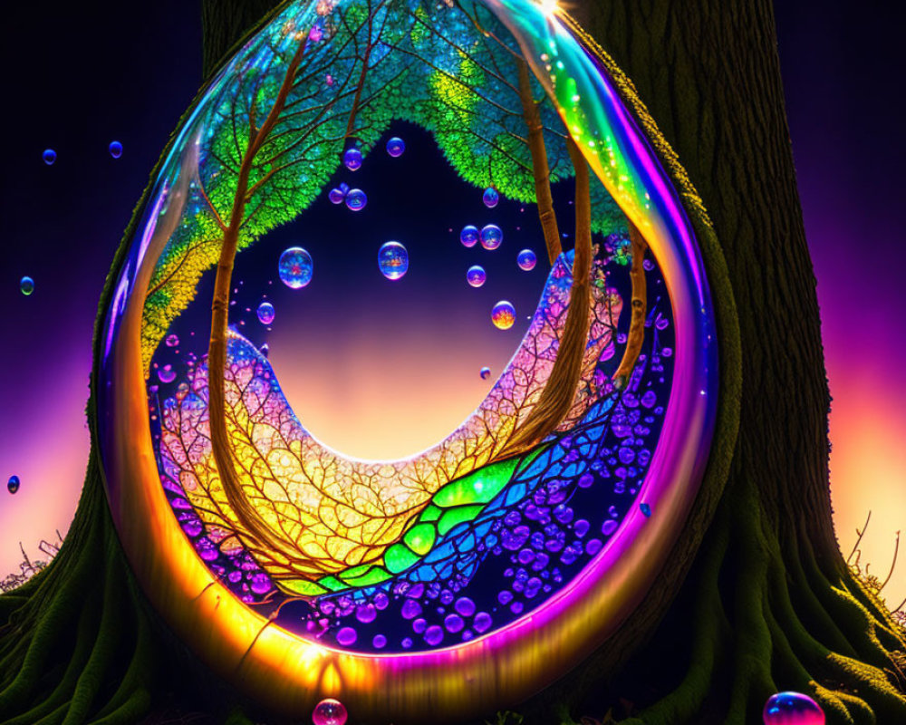Colorful digital artwork: Rainbow ring with tree, bubbles, sunset sky