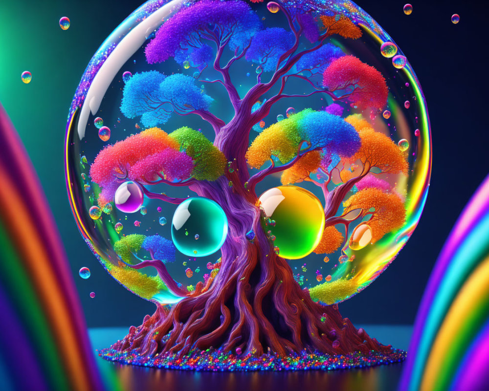 Colorful tree in bubble with dark backdrop and sphere