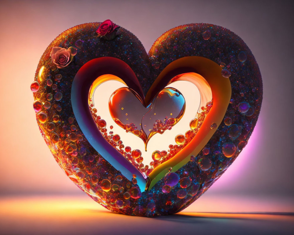 Colorful Multi-Layered Heart with Roses in Warm Light