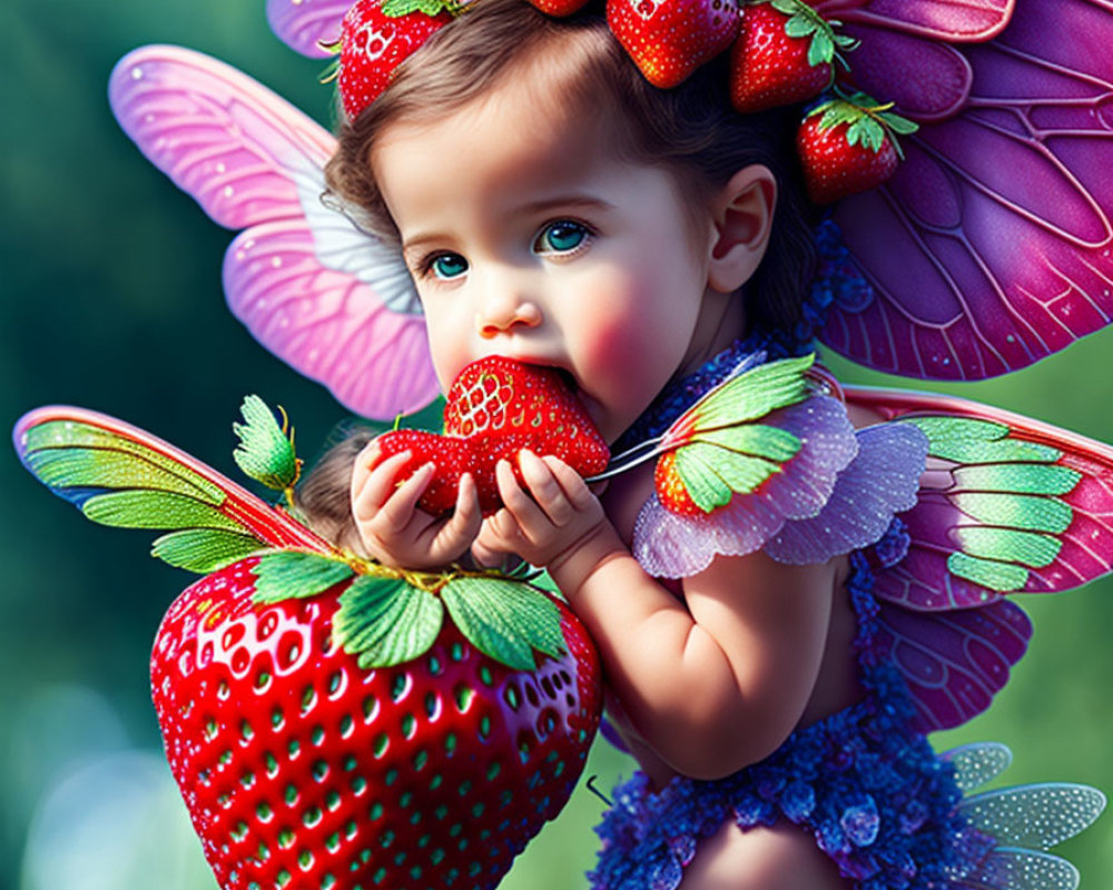 Toddler in fairy wings and strawberry outfit eating strawberry in whimsical setting