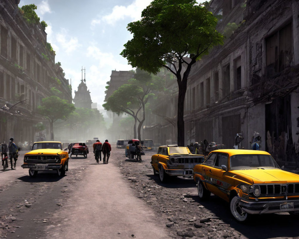 Vintage cars and yellow taxis on sunny street with pedestrians, clock tower in background