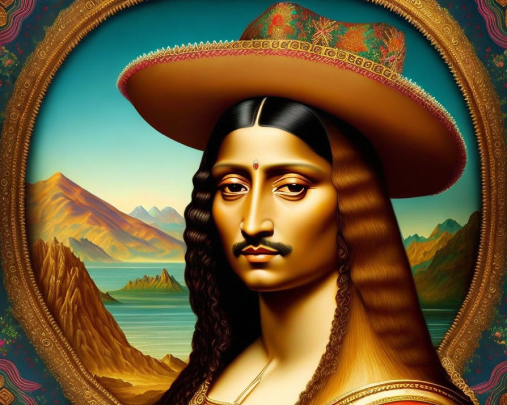 Colorful digital artwork person with sombrero halo, mountains, lakes fusion.