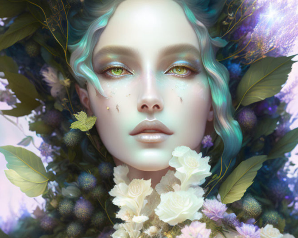 Fantastical portrait of woman with turquoise hair in lush greenery
