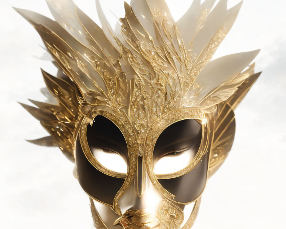 Golden mask with feather-like decorations against cloudy sky