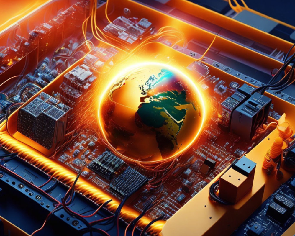 Glowing Earth Globe on Circuit Boards with Cables and Electronics