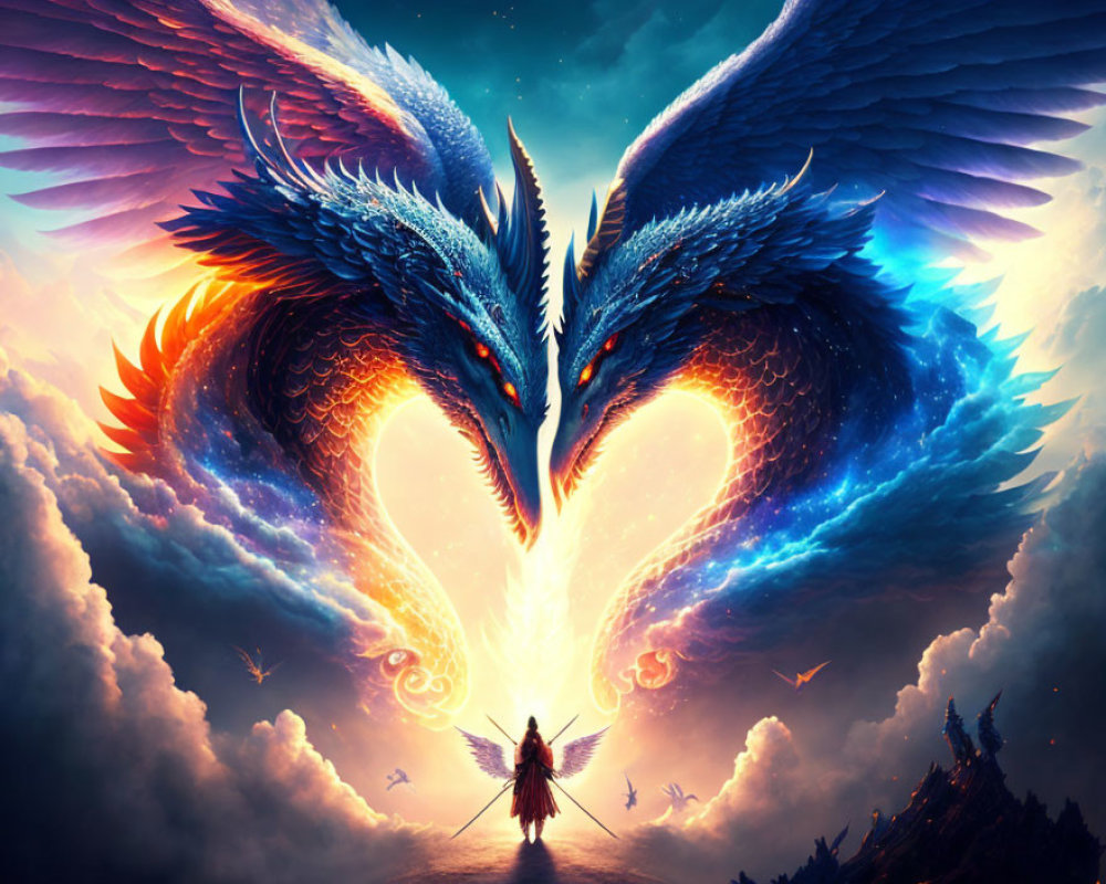 Two Blue Dragons Creating Heart Shape Above Tiny Figure