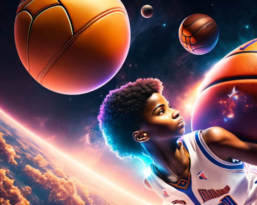 Young basketball player surrounded by floating basketballs in cosmic backdrop