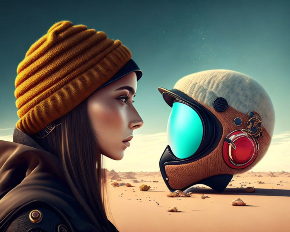 Woman and astronaut helmet in desert twilight scene