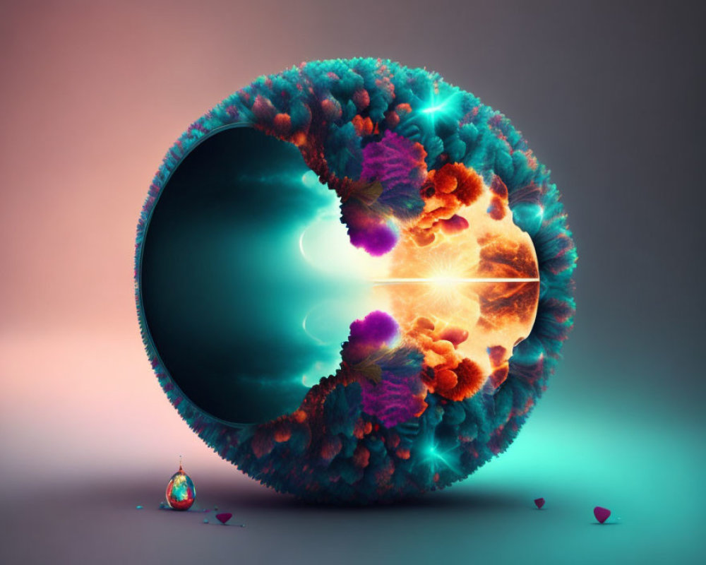 Surreal digital artwork with glowing circular portal and coral-like structures
