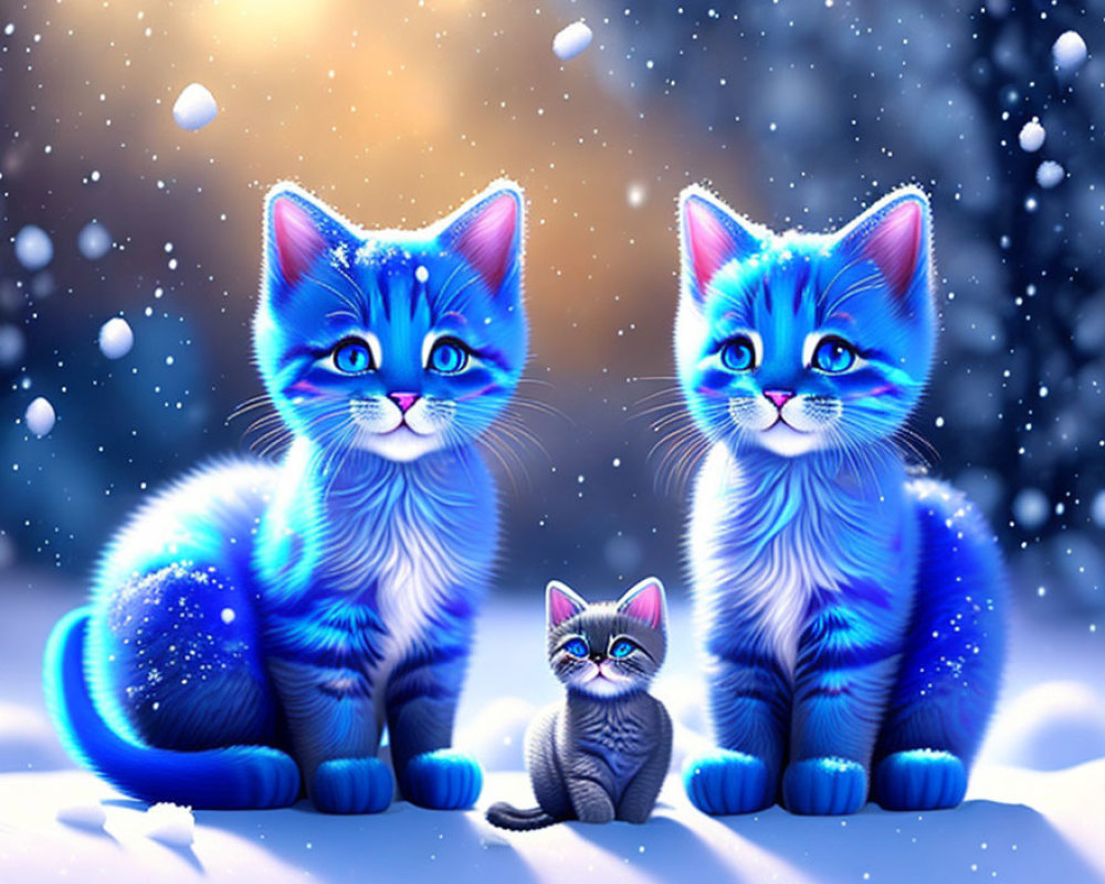 Three Glowing Blue Cats and Kitten in Snowy Starry Scene