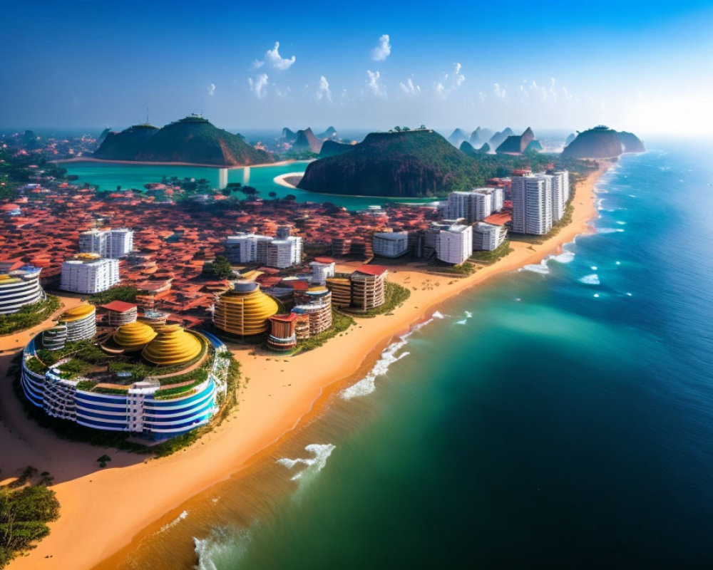 Coastal City with Circular Buildings, Sandy Beaches, and Green Hills