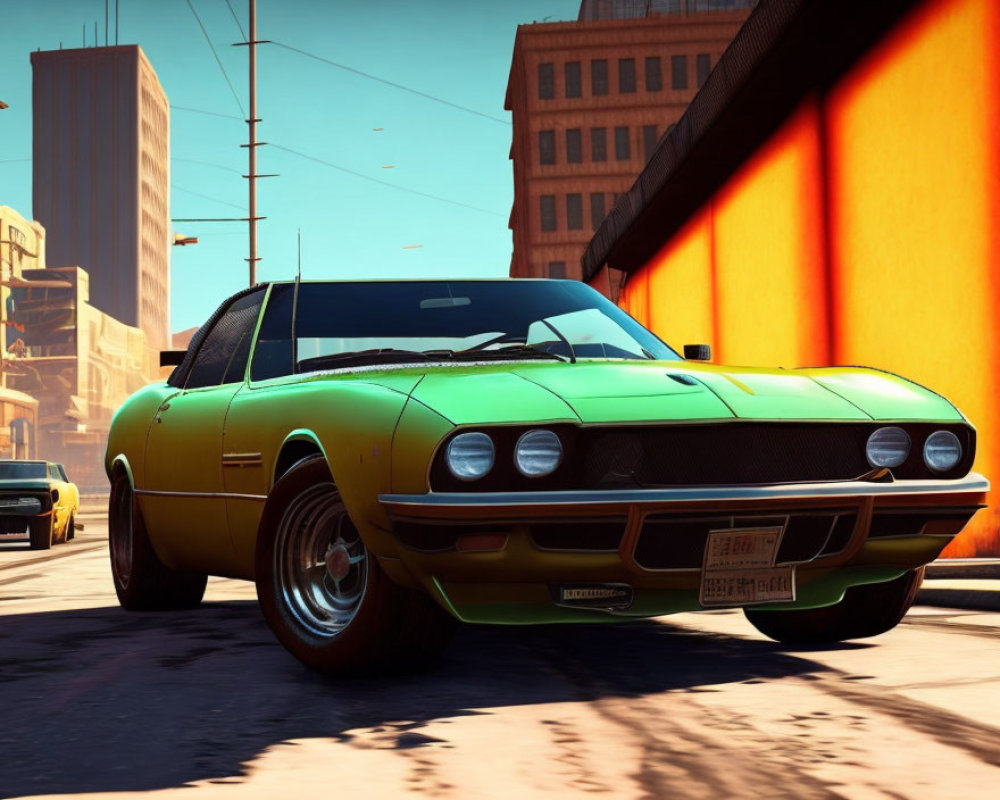 Vintage Green and Black Muscle Car on Urban Street with Blurred Background