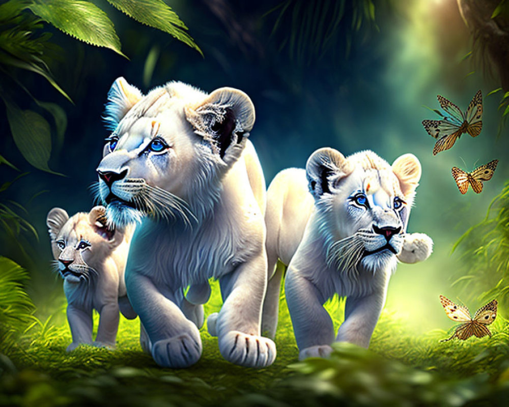 White lions in mystical forest with vibrant foliage and butterflies