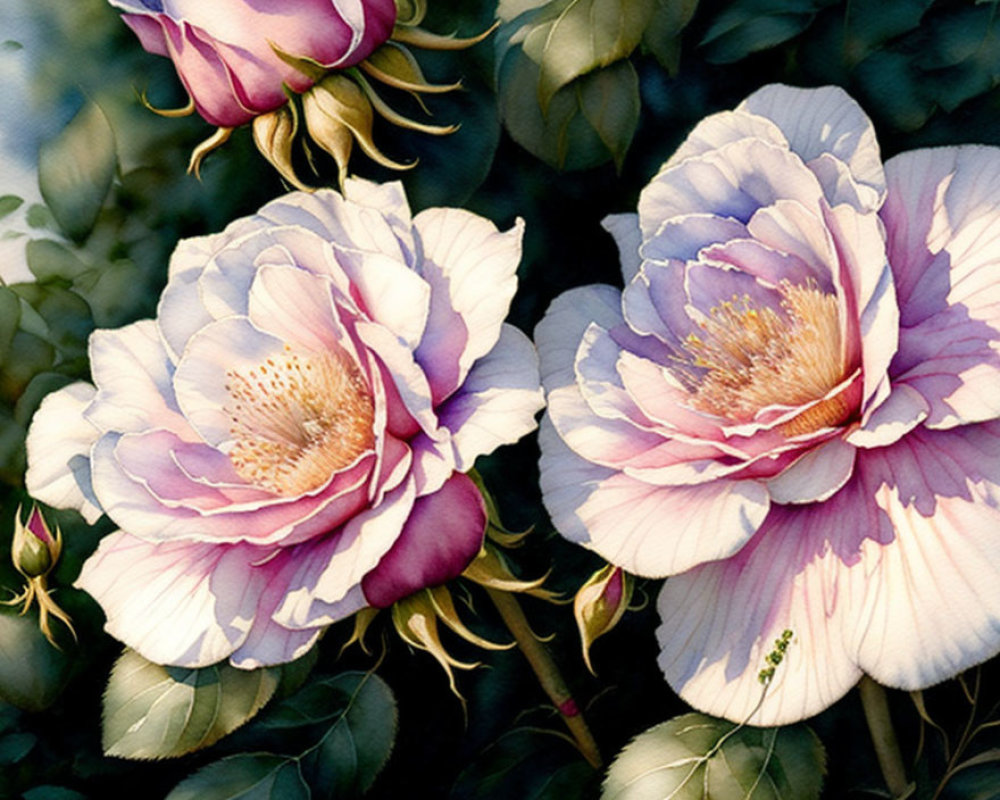 Detailed Pink and White Roses Illustration with Greenery Background