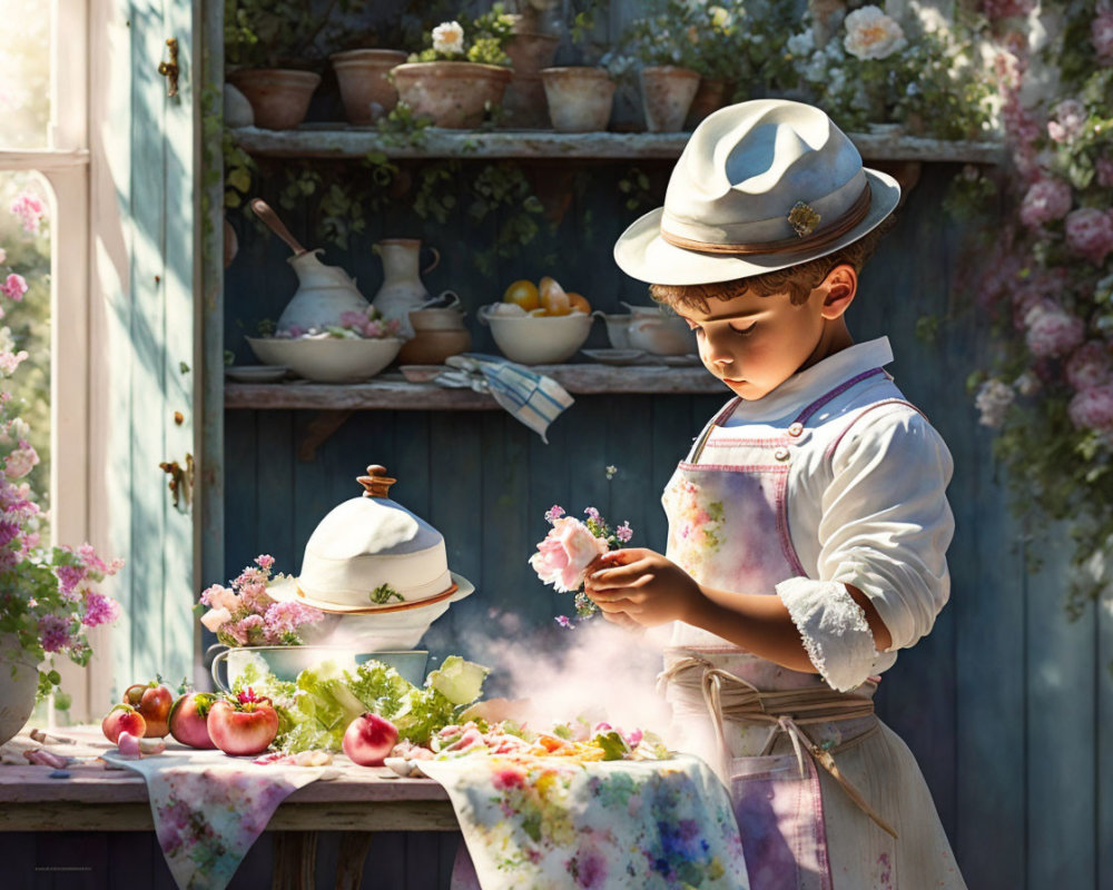 Child in vintage outfit by rustic table with produce and flowers, steam rising, blooming plants in background