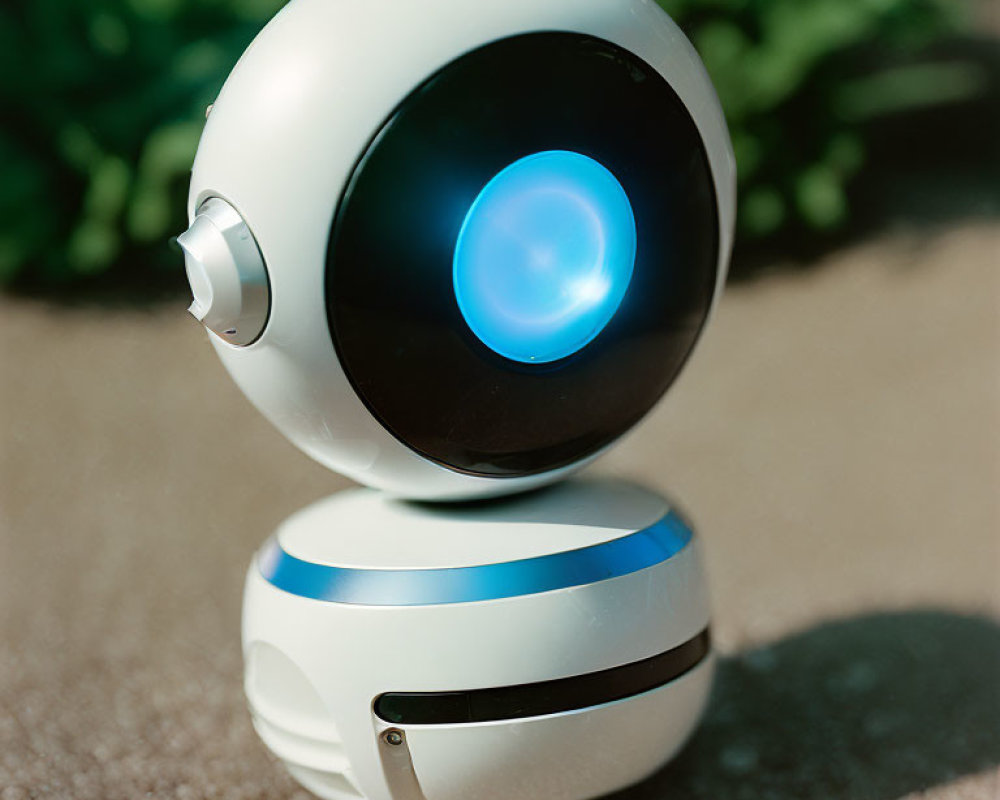 White spherical robot with glowing blue eye under sunlight on pavement